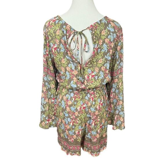 Angie Boho Mixed Floral Print Bell Sleeve Romper Green Pink M - Picture 4 of 8